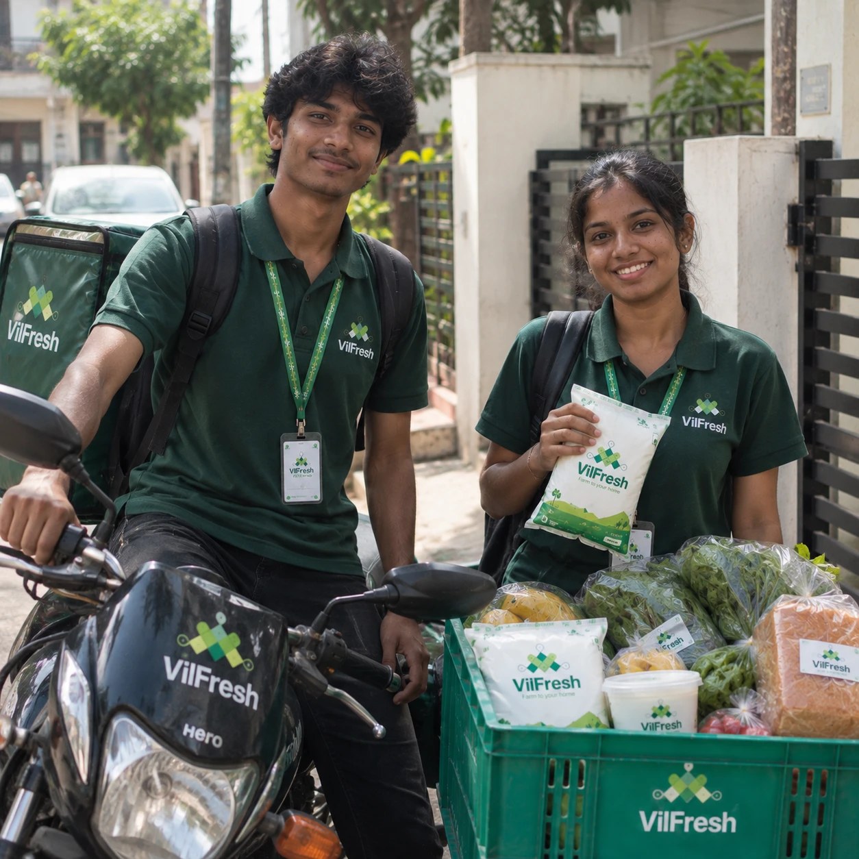 Two young VilFresh delivery staff with a loaded delivery crate