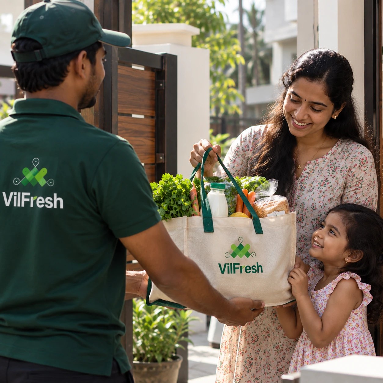 VilFresh delivery agent handing a bag of fresh groceries to a family at their door