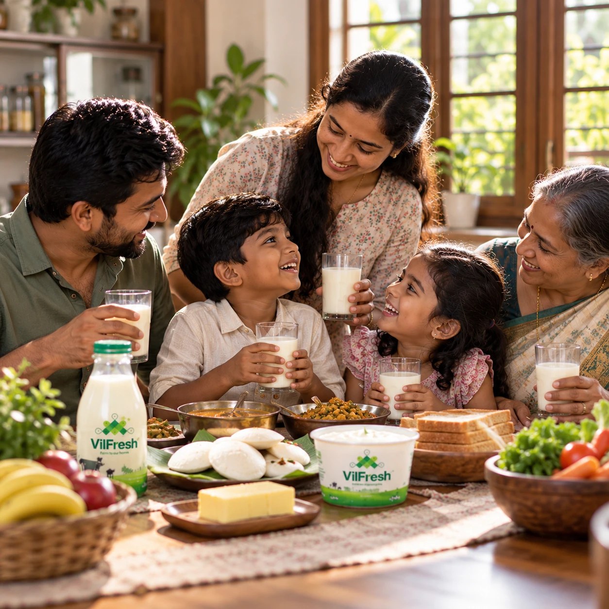 A family enjoying breakfast together with VilFresh milk and curd