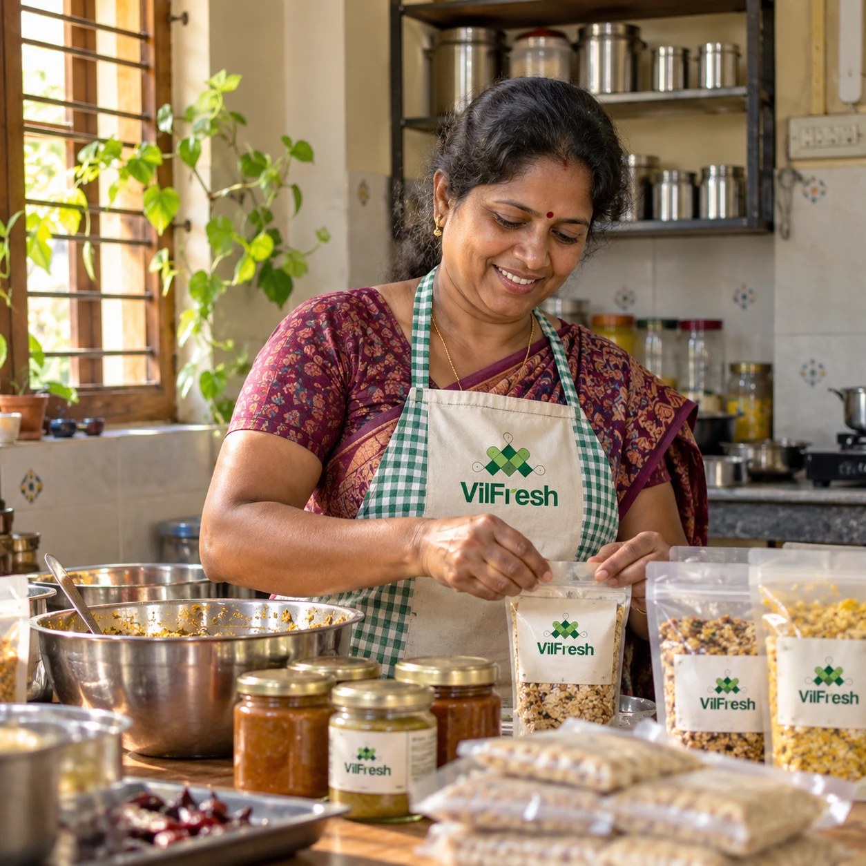 A woman packing home-made VilFresh products in her kitchen