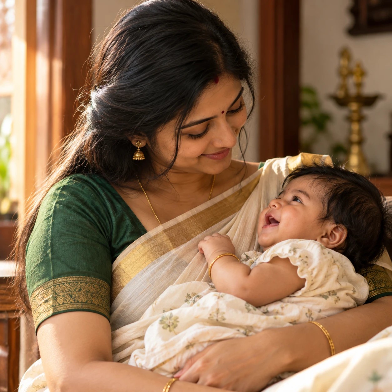 A mother holding her smiling baby at home