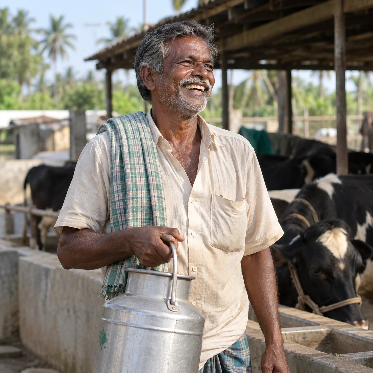 A partner farmer smiling while carrying a milk can at his cattle shed